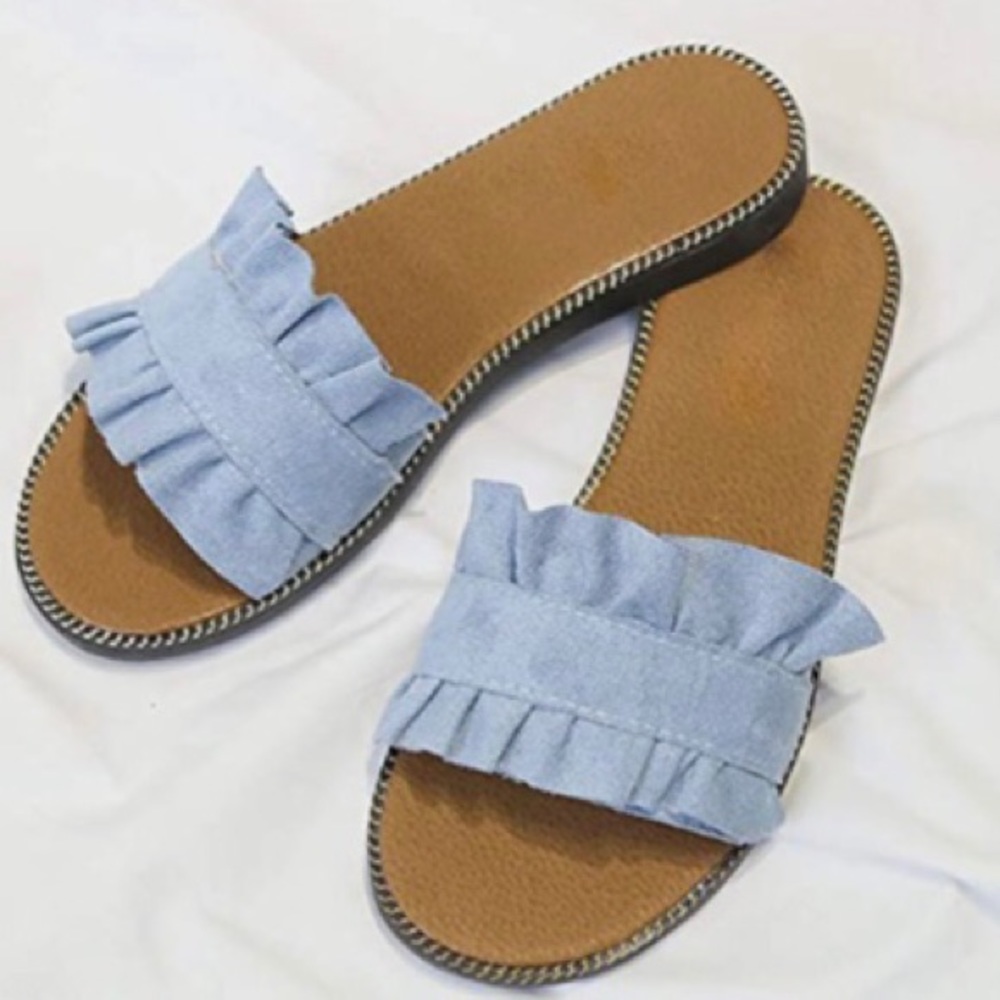 NWOT Blue Soft Open Toe Slip On Flat Slide Sandals w/Arch Support Sz 8.5/40